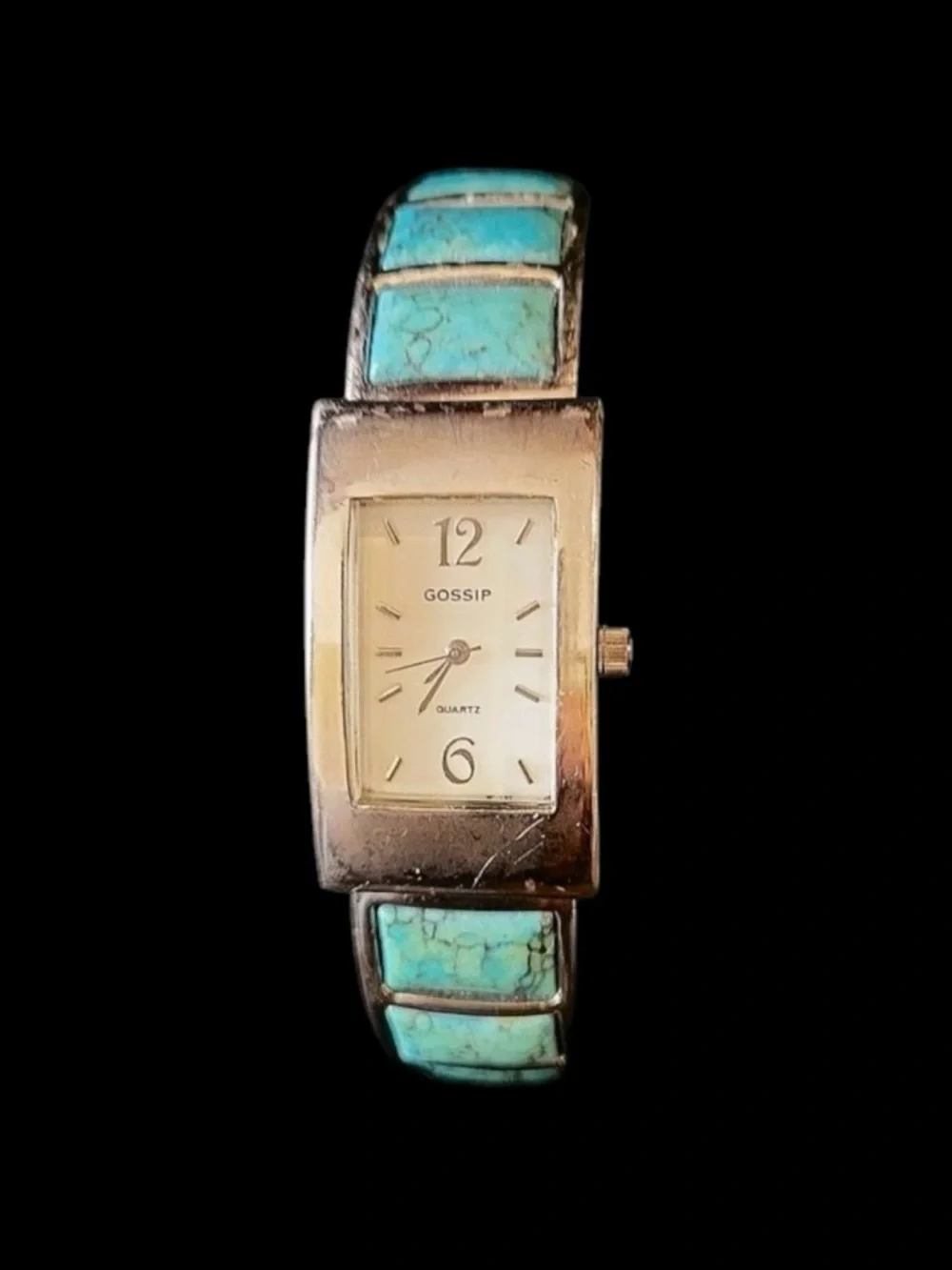 Vintage Southwestern Faux Turquoise Chip Inlay Silver Tone Hinge Cuff Wristwatch